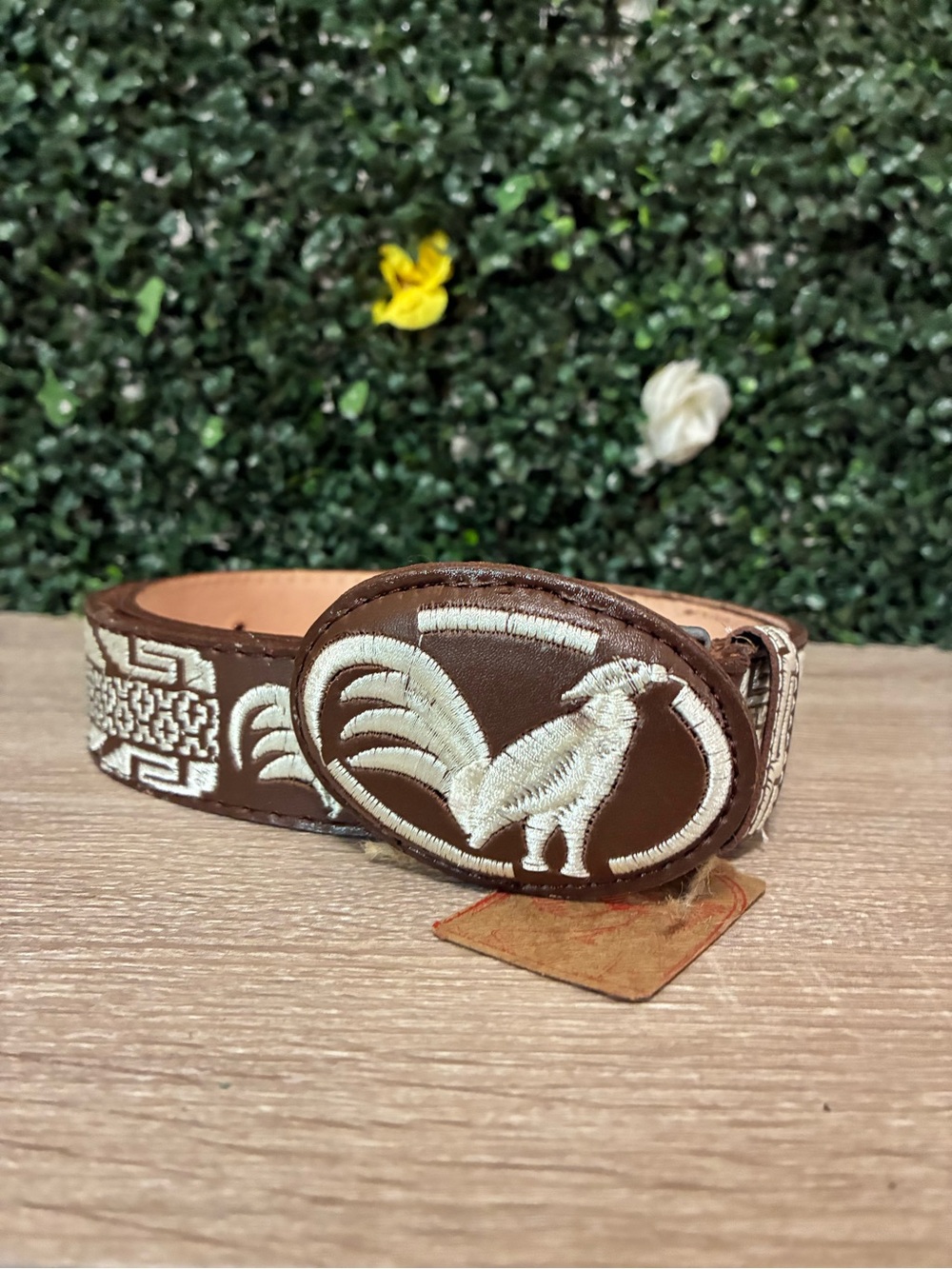 Brown Leather Belt with White Embroidered Rooster